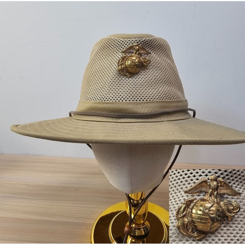 Henschel Hat Co Safari Mens L VINTAGE WWII USMC Pin Badge Khaki Tan Mesh Fishing